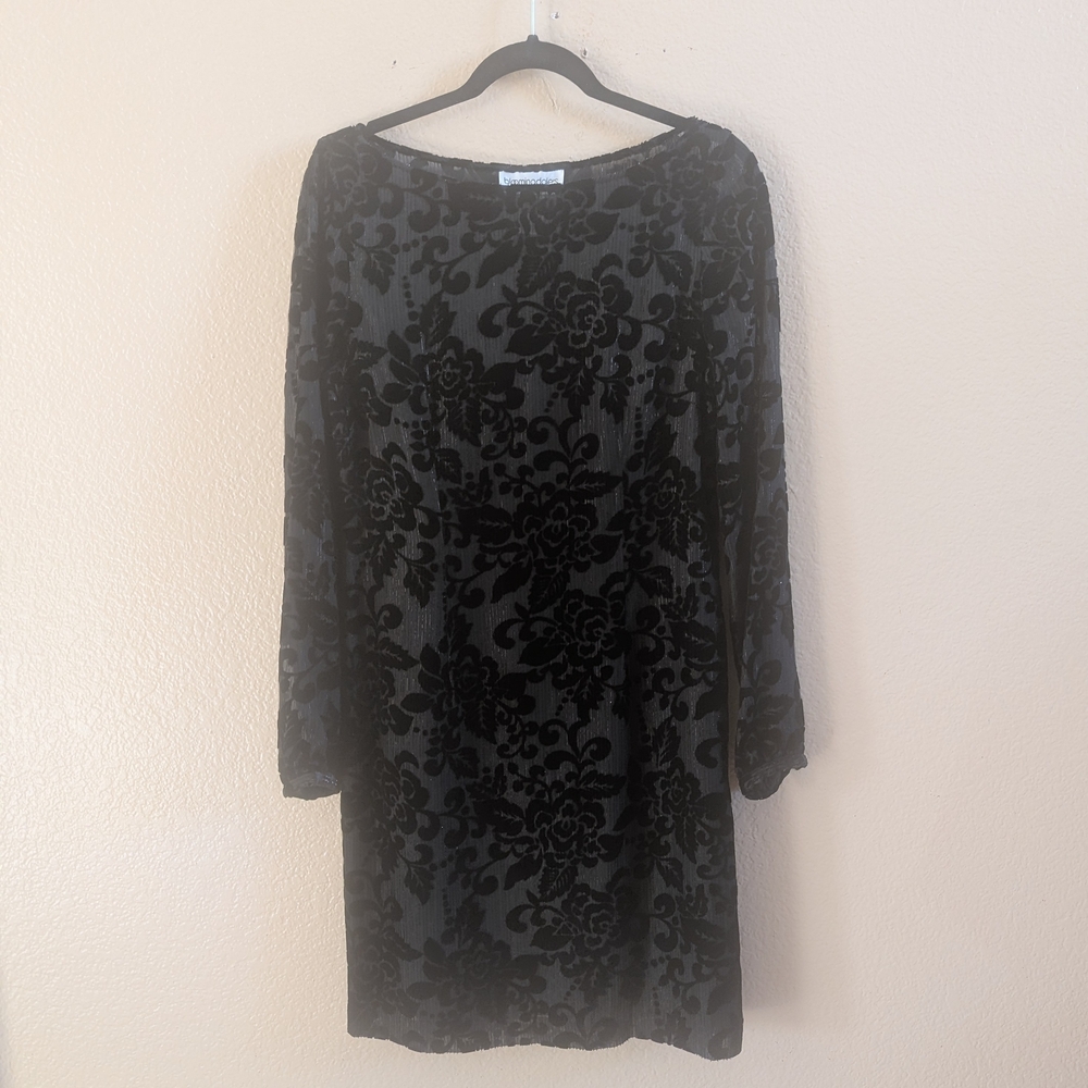Vintage Bloomingdales Black Silk Blend Burnout Velvet Floral Dress Womens Size 8